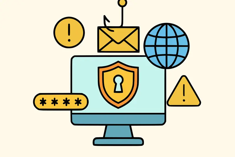 Illustration eines Phishing-Angriffs mit Angelhaken, gefälschter E-Mail und Passwortfeld