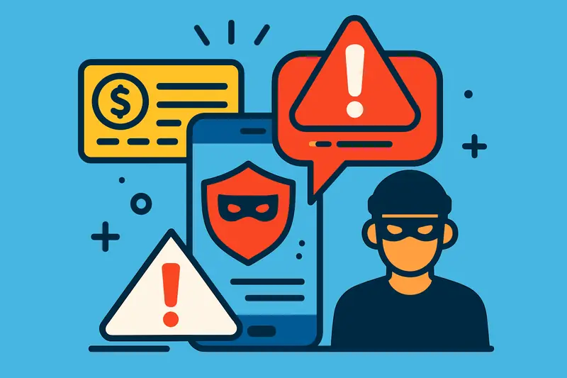 Illustration eines Telefonbetrugs mit Smartphone, Warnsymbolen und maskiertem Täter